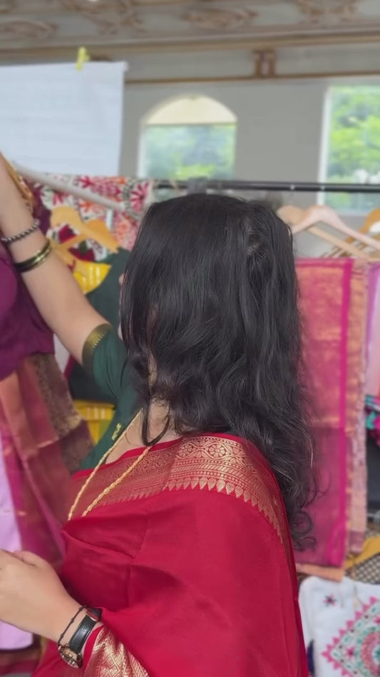 Red Crepe Silk Saree with a Golden Zari Border