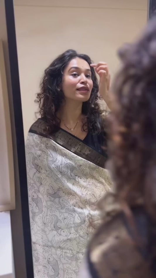 Black & White Kalamkari Digital Print Silk Saree